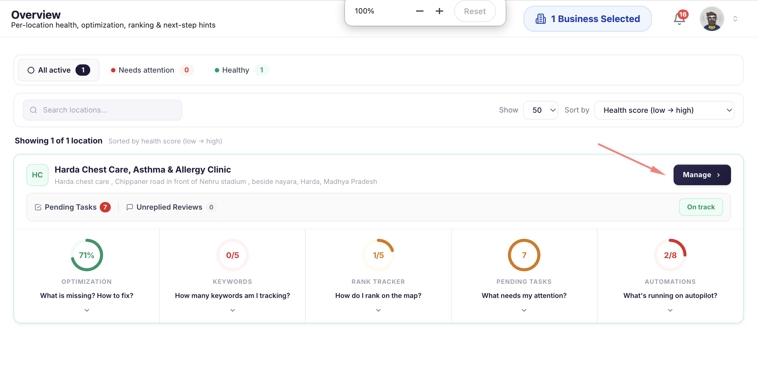 GBPPromote dashboard with the Manage button for a Google Business Profile location